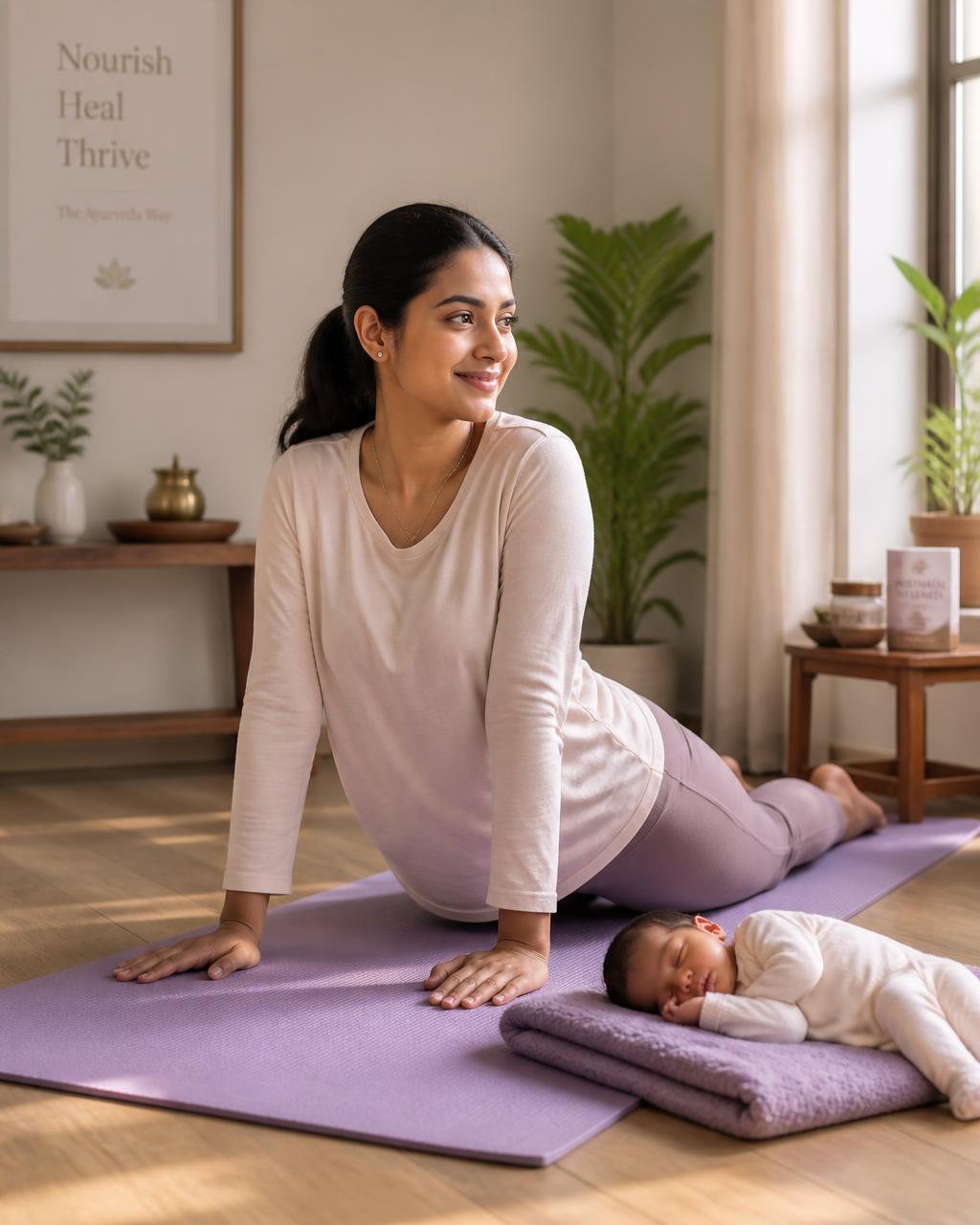 A mother practicing gentle postnatal yoga at home with her newborn baby resting nearby